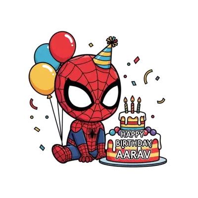 Design: A super cute, chibi cartoon Spiderman character, wearing a tiny party hat, si...