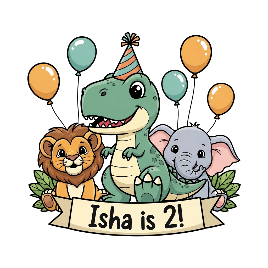 Custom design: A super cute baby T-Rex wearing a party hat, surrounded by friendly jungle animals like a lion cub and a baby elephan...