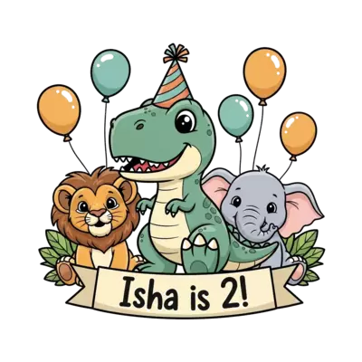 Design: A super cute baby T-Rex wearing a party hat, surrounded by friendly jungle an...