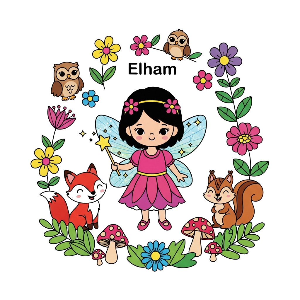Custom design: A cute cartoon fairy princess, Elham, with sparkling wings and a magical wand, surrounded by friendly forest creature...