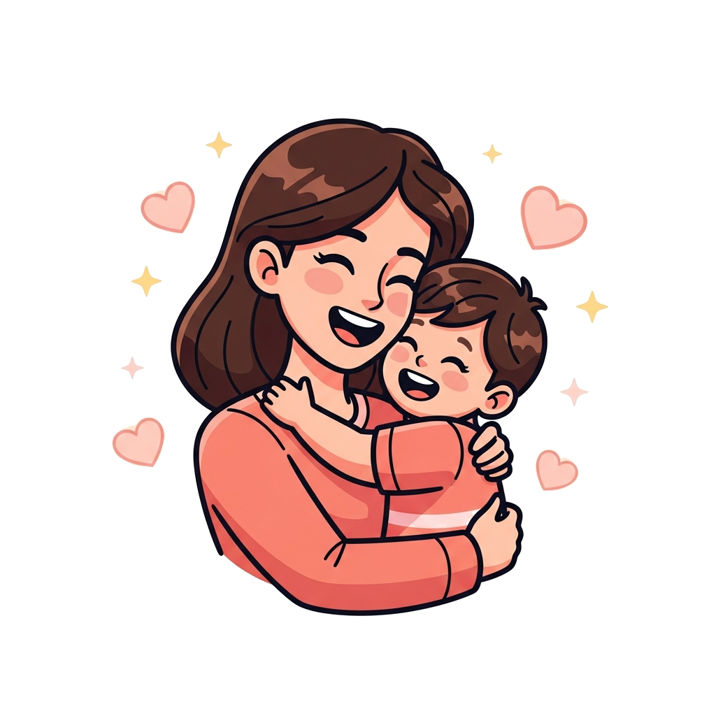 Custom design: A heartwarming cartoon illustration of a loving mother hugging her child, both smiling brightly, surrounded by soft g...