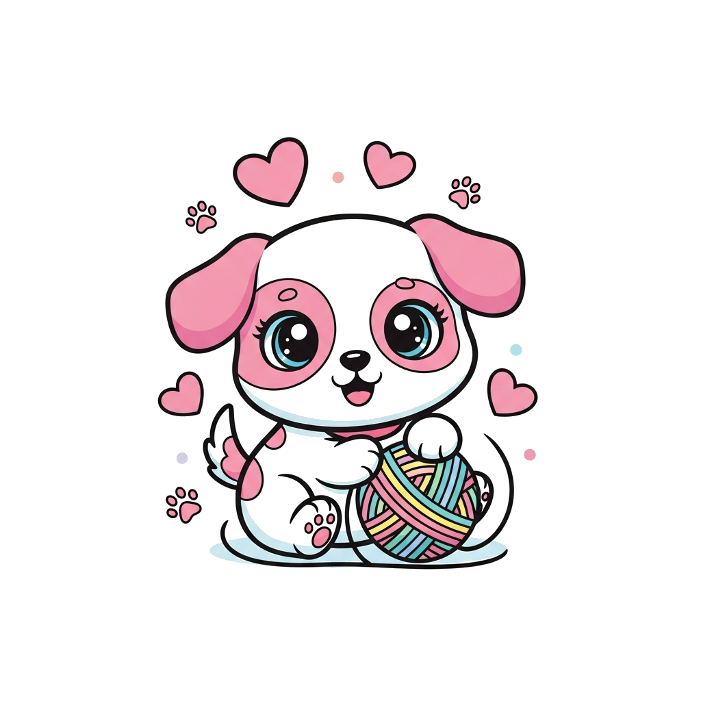Custom design: A super cute cartoon puppy with big, expressive eyes, playing with a colorful yarn ball, surrounded by floating heart...