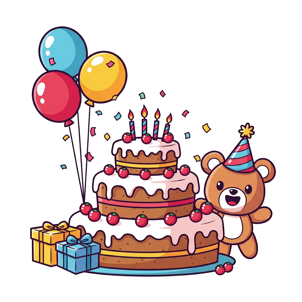 Custom design: A cheerful cartoon birthday scene with a big, colorful cake, balloons, and confetti, featuring a cute, generic animal...
