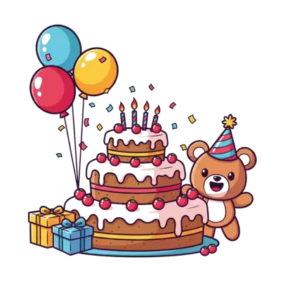 Design: A cheerful cartoon birthday scene with a big, colorful cake, balloons, and co...