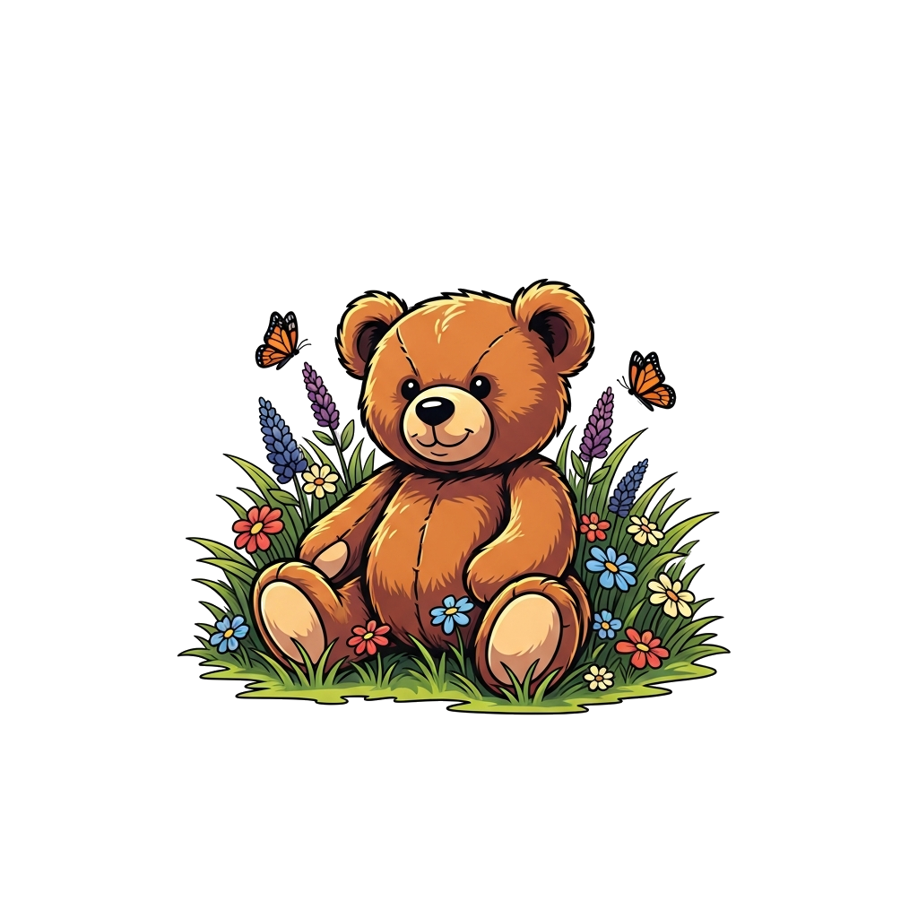 Custom design: A realistic yet friendly brown teddy bear sitting peacefully in a lush green meadow, surrounded by colorful wildflowe...