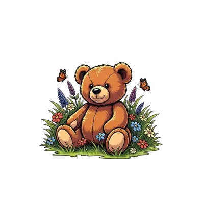 Design: A realistic yet friendly brown teddy bear sitting peacefully in a lush green ...