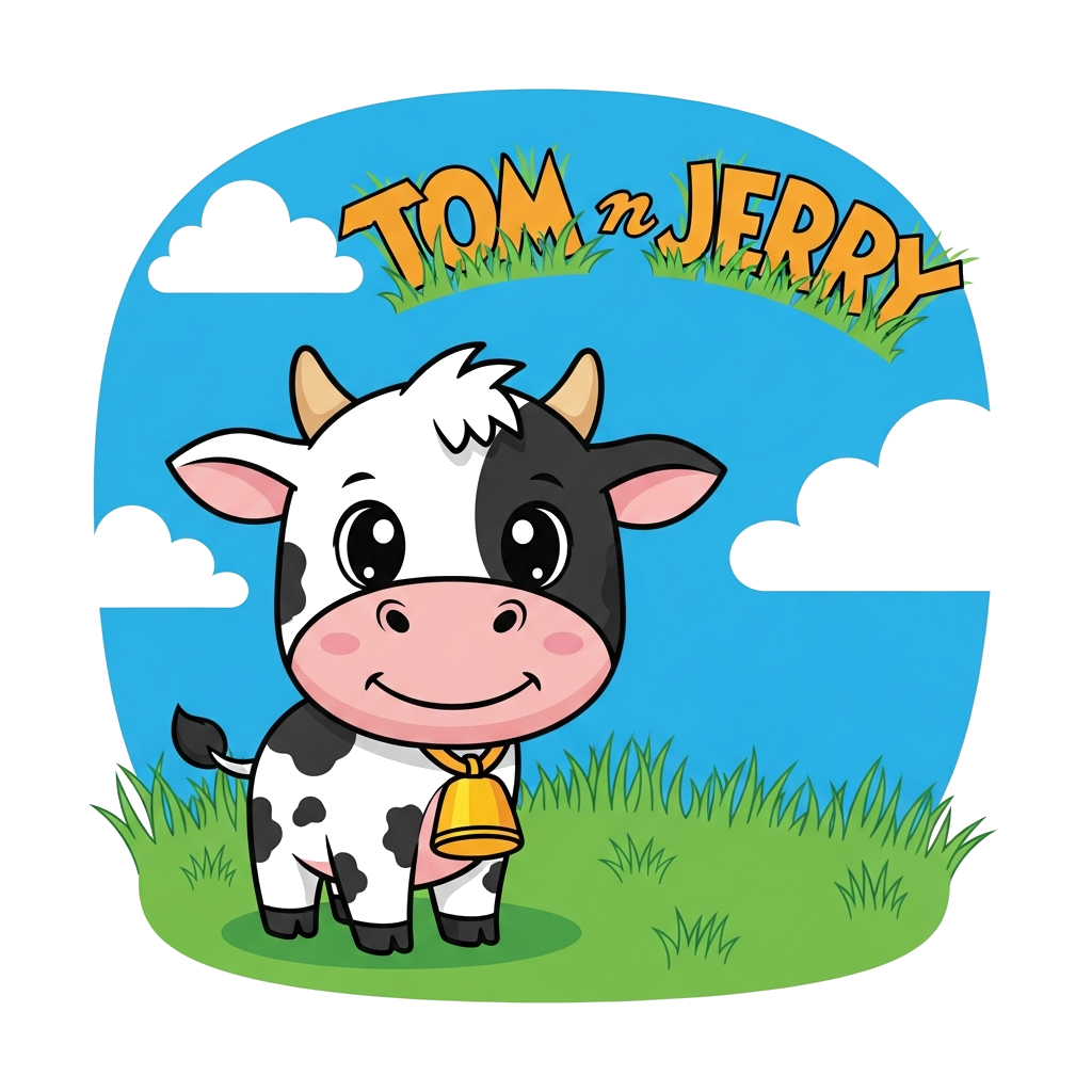 Custom design: A playful cartoon baby cow illustration, with big friendly eyes and a gentle smile, standing in a green meadow with a...