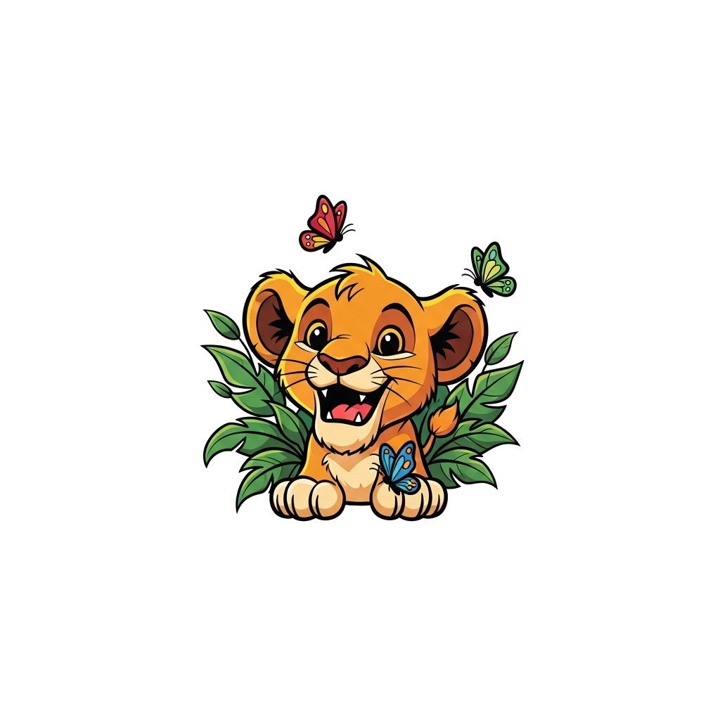 Custom design: A cheerful cartoon lion cub, smiling brightly, surrounded by lush green leaves and a few colorful butterflies, vibran...