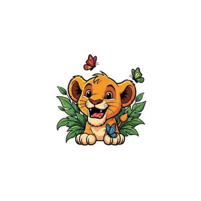 Design: A cheerful cartoon lion cub, smiling brightly, surrounded by lush green leave...
