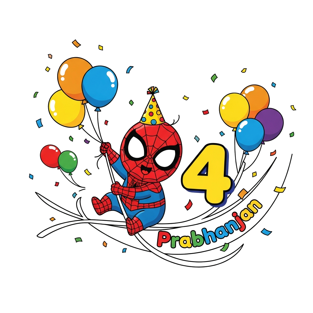 Custom design: A super cute, chubby baby Spider-Man character, wearing a tiny party hat, swinging joyfully on a web. He's surrounded...
