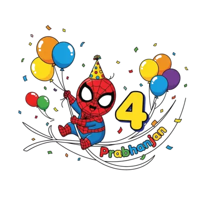 Design: A super cute, chubby baby Spider-Man character, wearing a tiny party hat, swi...