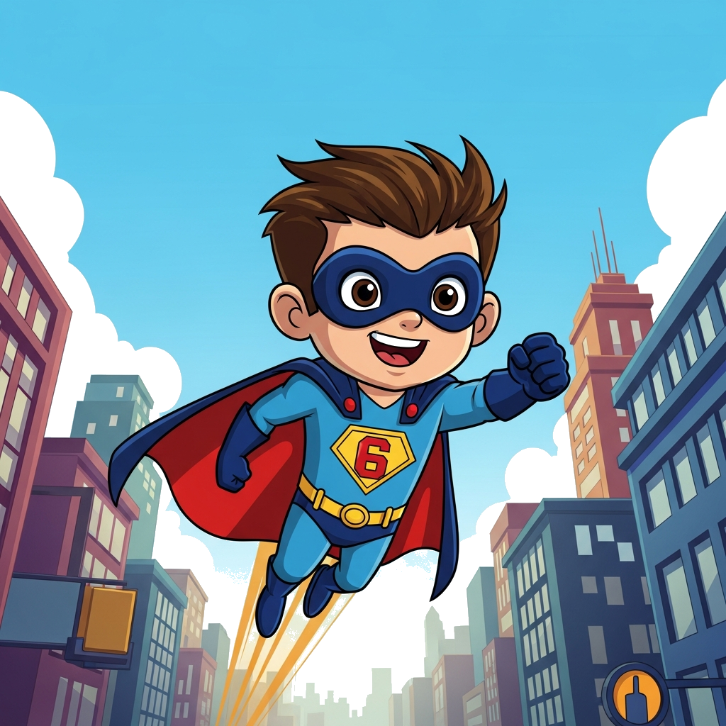 Custom design: A cheerful cartoon child superhero flying through a vibrant cityscape, wearing a cape and mask, with the number '6' i...