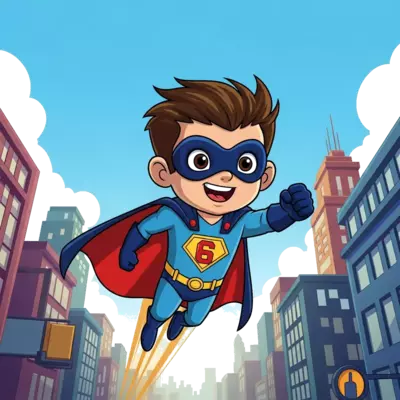 Design: A cheerful cartoon child superhero flying through a vibrant cityscape, wearin...
