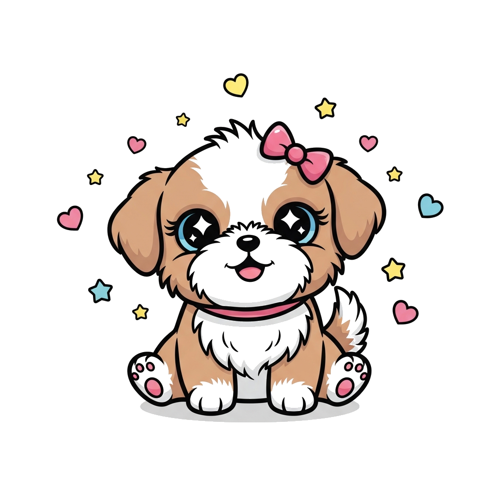 Custom design: A super cute cartoon Shih Tzu puppy with big, sparkling eyes and a tiny bow, sitting playfully amidst a sprinkle of c...