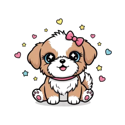 Design: A super cute cartoon Shih Tzu puppy with big, sparkling eyes and a tiny bow, ...