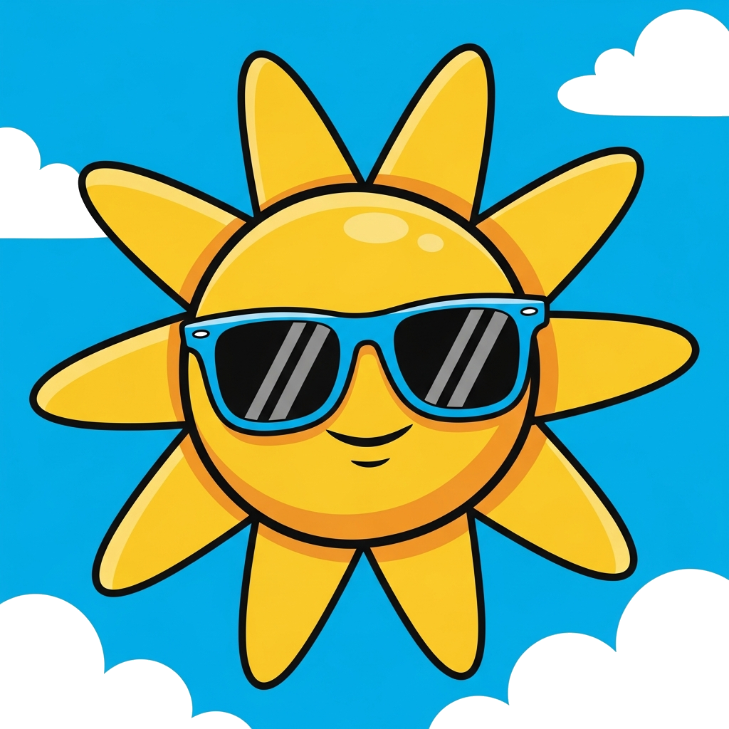 Custom design: A cheerful, oversized cartoon sun wearing cool sunglasses, with big, friendly rays, against a bright blue sky, in a b...