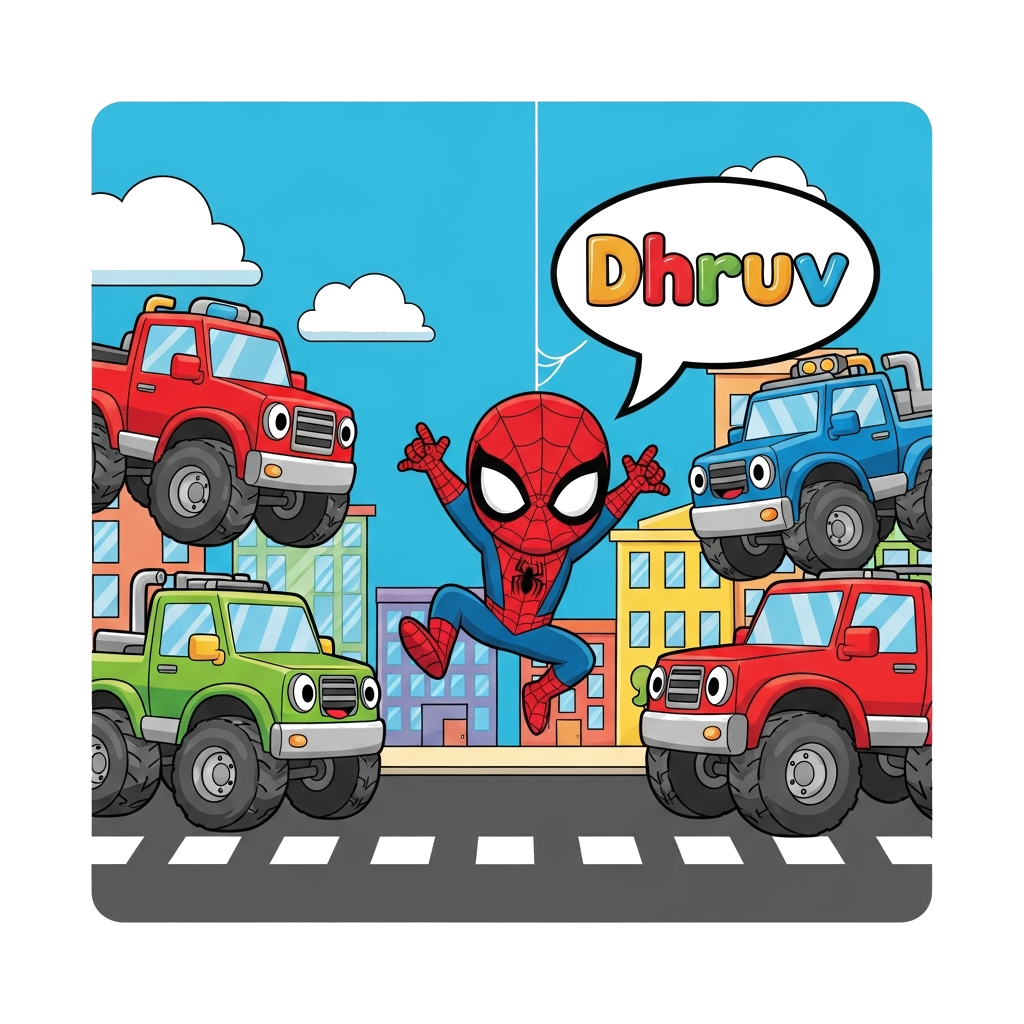 Custom design: A cute cartoon Spiderman swinging between colorful, friendly monster trucks on a playful city street, with the name '...