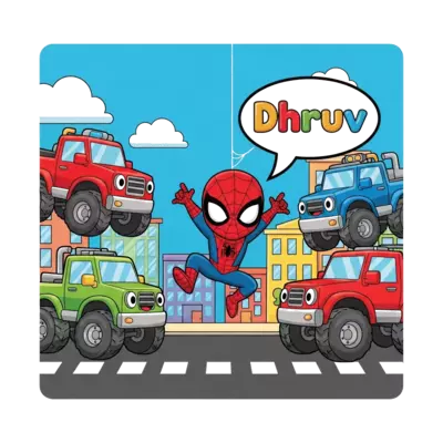 Design: A cute cartoon Spiderman swinging between colorful, friendly monster trucks o...