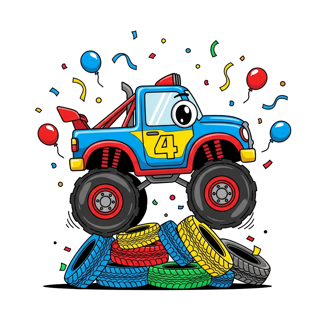 Custom design: A cheerful cartoon monster truck with big, friendly eyes, jumping over a pile of colorful tires, with the number 4 pr...