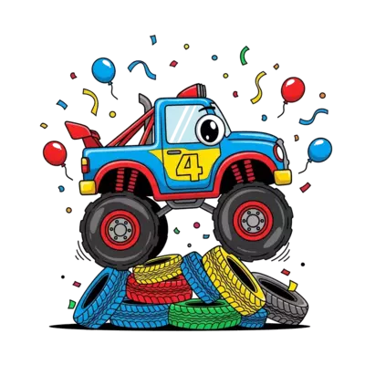 Design: A cheerful cartoon monster truck with big, friendly eyes, jumping over a pile...
