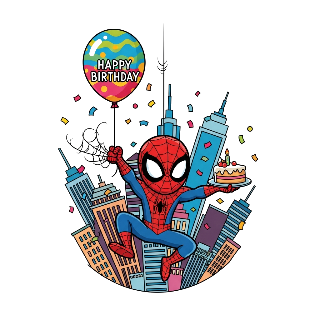 Custom design: A cheerful, cartoon Spiderman swinging through a city skyline, holding a big birthday balloon and a slice of cake, wi...