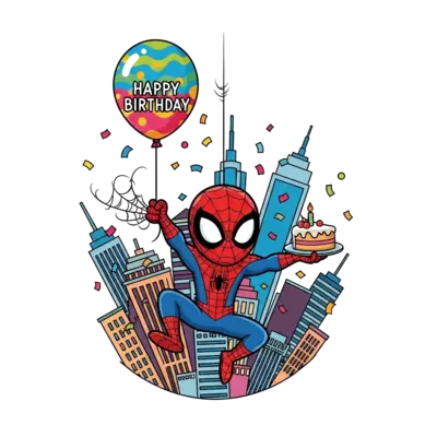 Design: A cheerful, cartoon Spiderman swinging through a city skyline, holding a big ...