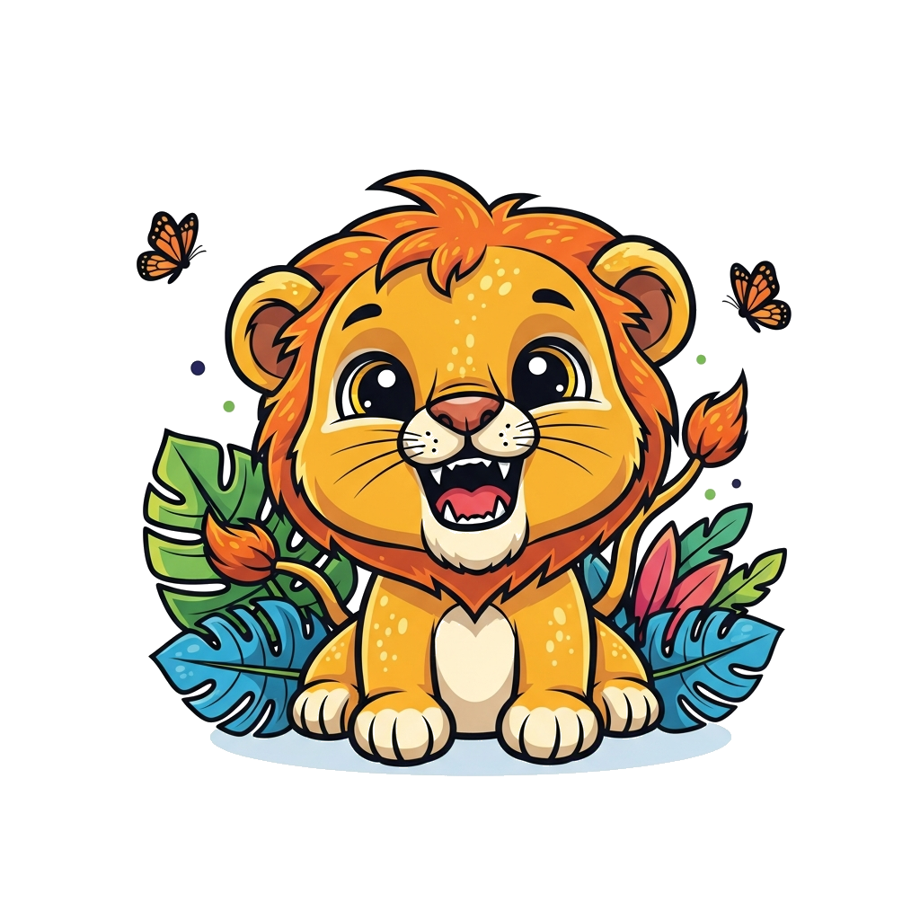 Custom design: A charming, friendly cartoon baby lion with big eyes, playfully roaring, surrounded by colorful jungle leaves and but...