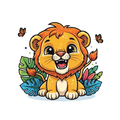 Design: A charming, friendly cartoon baby lion with big eyes, playfully roaring, surr...
