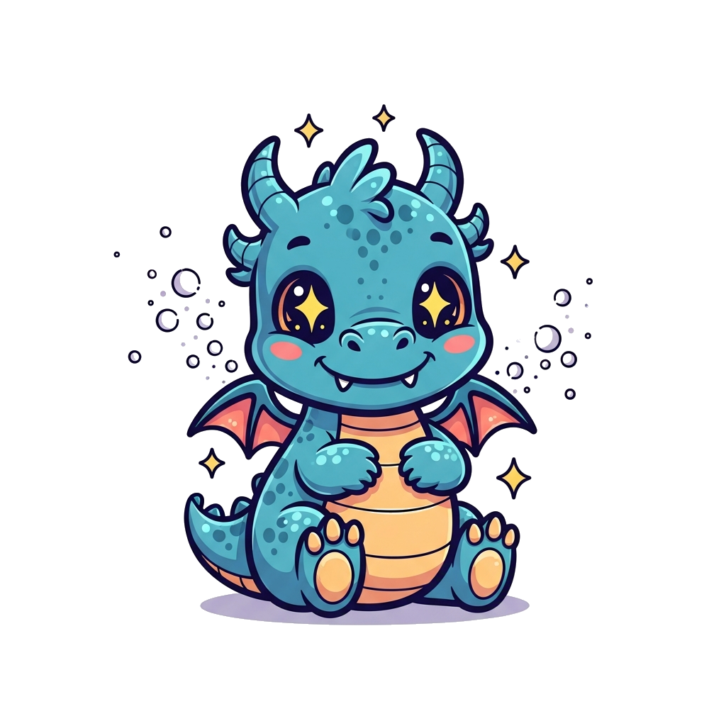 Custom design: A whimsical cartoon baby dragon with sparkling eyes, surrounded by floating magic dust and tiny stars, in a cute, vib...