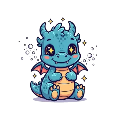 Design: A whimsical cartoon baby dragon with sparkling eyes, surrounded by floating m...