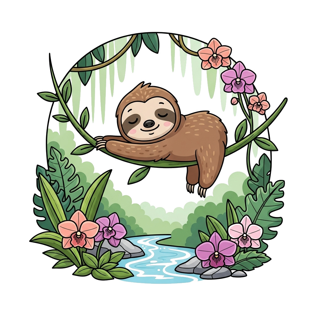 Custom design: A serene cartoon illustration of a cute baby sloth gently stretching on a leafy vine, surrounded by lush rainforest f...