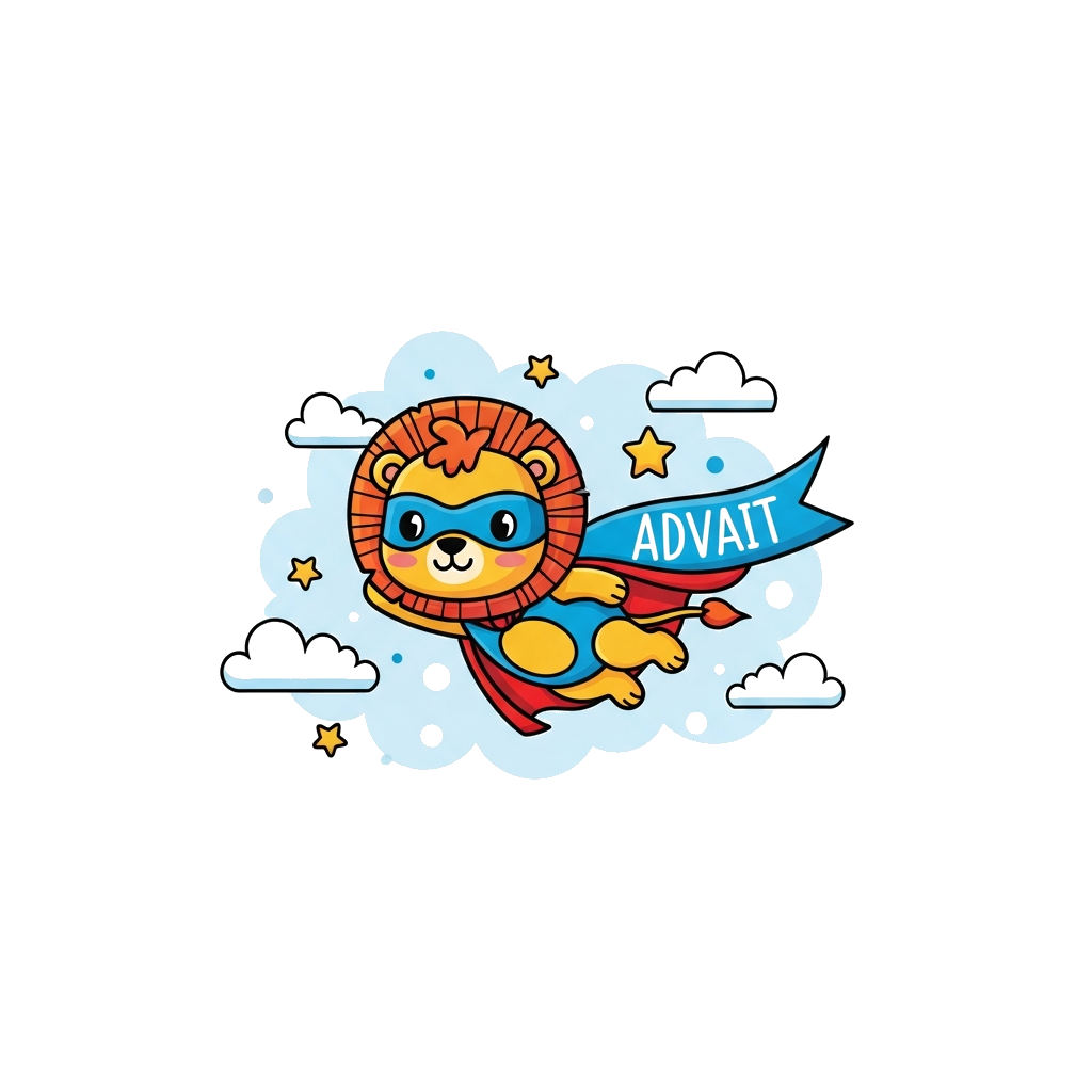 Custom design: An adorable baby lion superhero, wearing a tiny cape and mask, flying through a whimsical sky with soft clouds and st...
