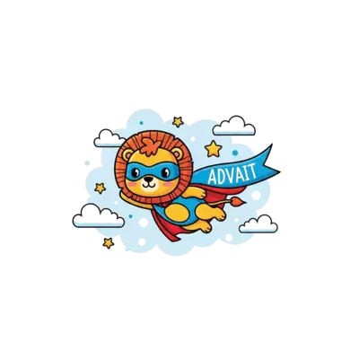 Design: An adorable baby lion superhero, wearing a tiny cape and mask, flying through...