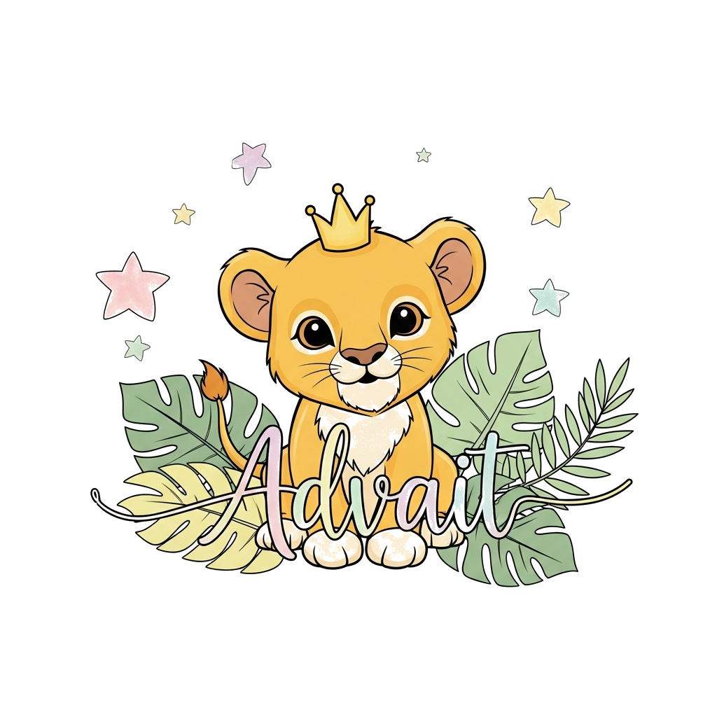 Custom design: A super cute baby lion cub wearing a tiny crown, surrounded by soft jungle leaves and stars, with the name 'Advait' s...