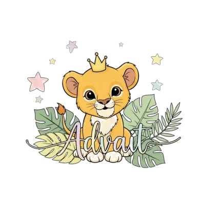 Design: A super cute baby lion cub wearing a tiny crown, surrounded by soft jungle le...