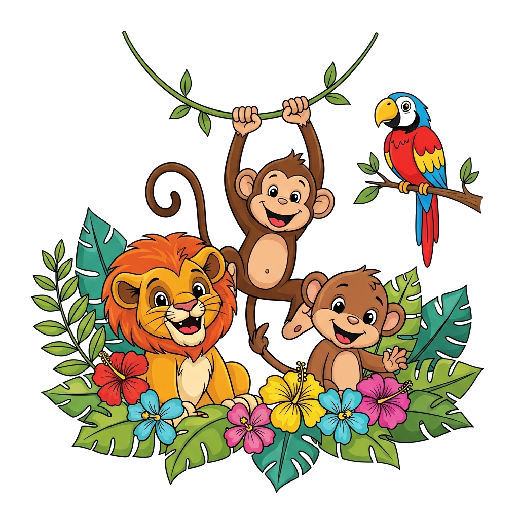 Custom design: A cheerful group of cartoon jungle animals (e.g., a baby lion, a monkey, a parrot) playing together happily, surround...