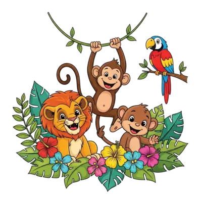 Design: A cheerful group of cartoon jungle animals (e.g., a baby lion, a monkey, a pa...