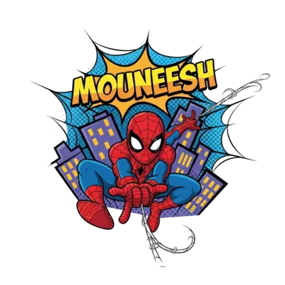 Design: A dynamic illustration of Spider-Man swinging through a stylized cityscape, b...