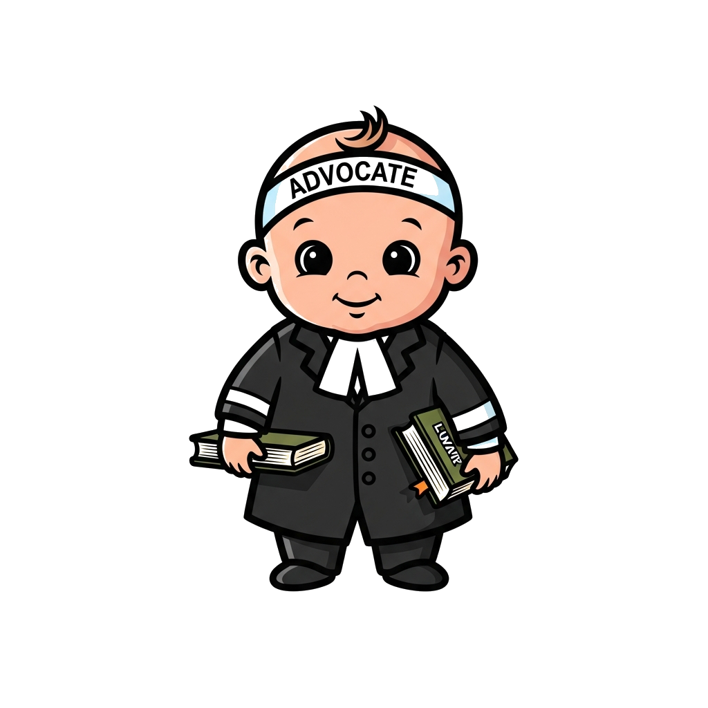 Custom design: Cute baby boy wearing advocates coat and band with law books in hand 