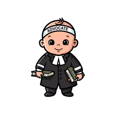 Design: Cute baby boy wearing advocates coat and band with law books in hand 