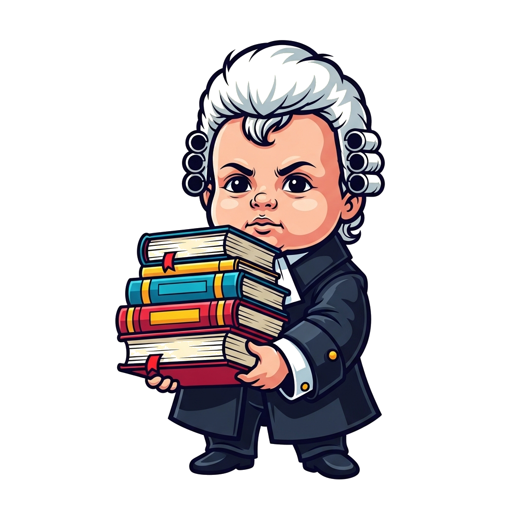 Custom design: Baby boy with lot of hair on head wearing Advicates coat and band with law books in hand as if going to court