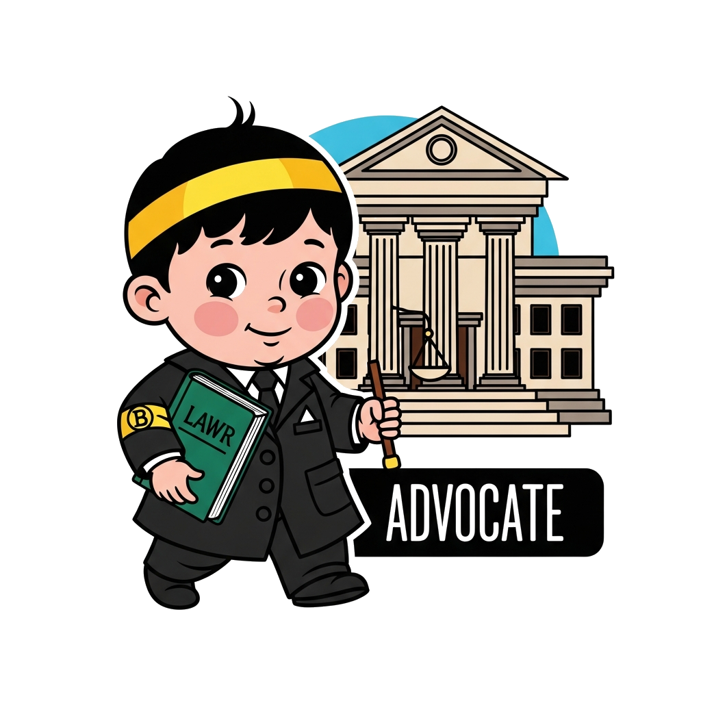 Custom design: Baby boy with black hair, wearing advocates coat and band with law books in hand going to court