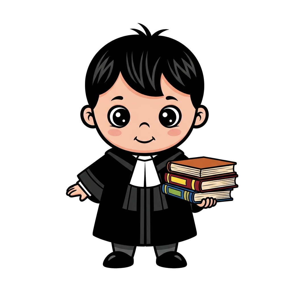 Custom design: Baby boy with black hair, wearing advocates coat with law books in hand