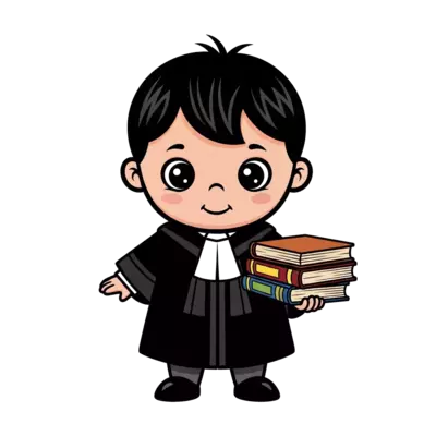 Design: Baby boy with black hair, wearing advocates coat with law books in hand