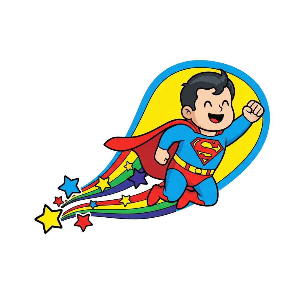 Custom design: A cute, cartoon Superman flying joyfully through a bright blue sky, leaving a trail of colorful stars and rainbows. T...