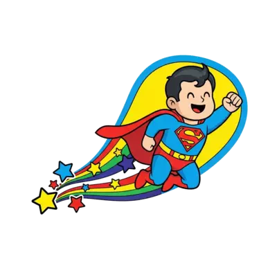 Design: A cute, cartoon Superman flying joyfully through a bright blue sky, leaving a...