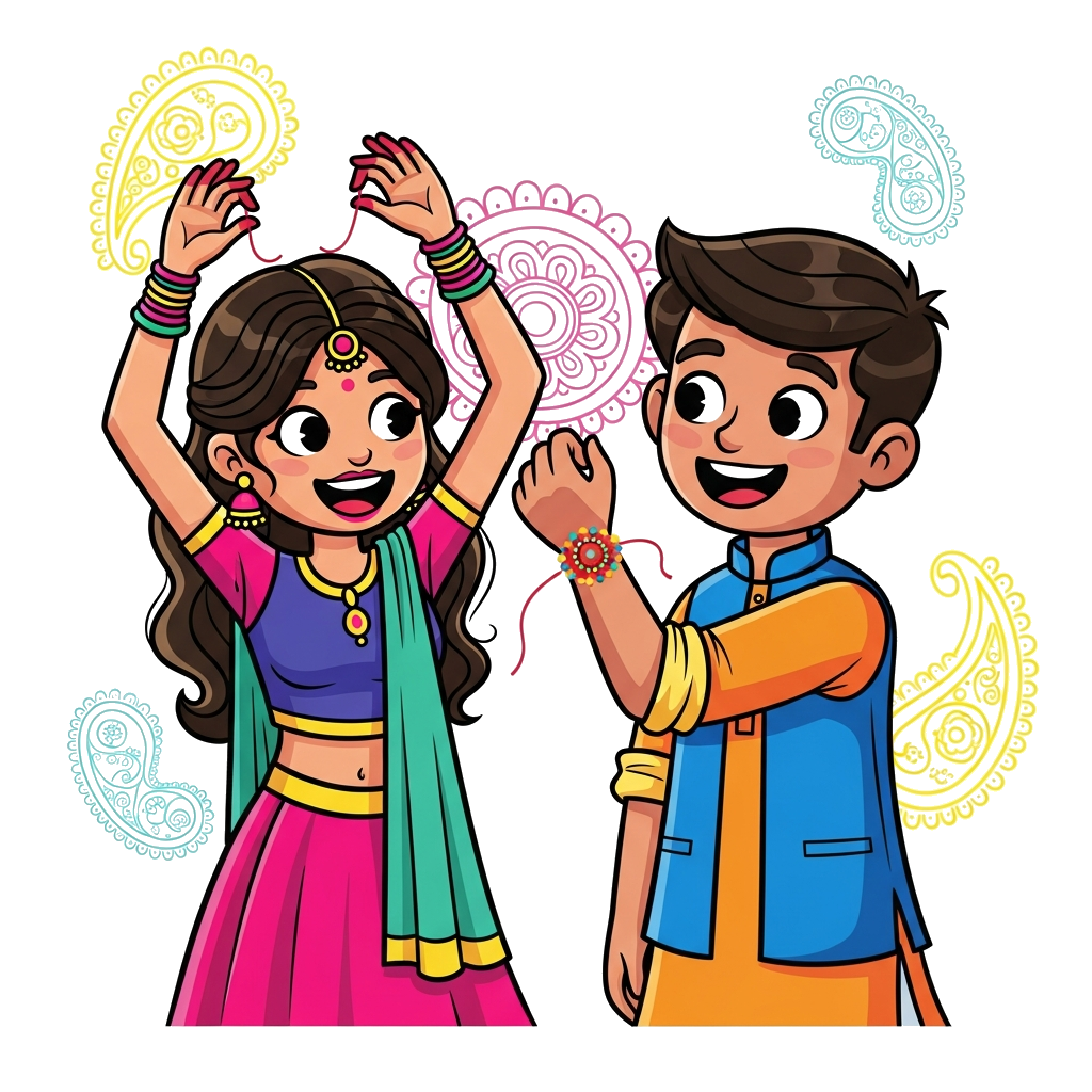 Custom design: A cheerful cartoon illustration of an Indian brother and sister, the sister tying a vibrant rakhi on her brother's wr...