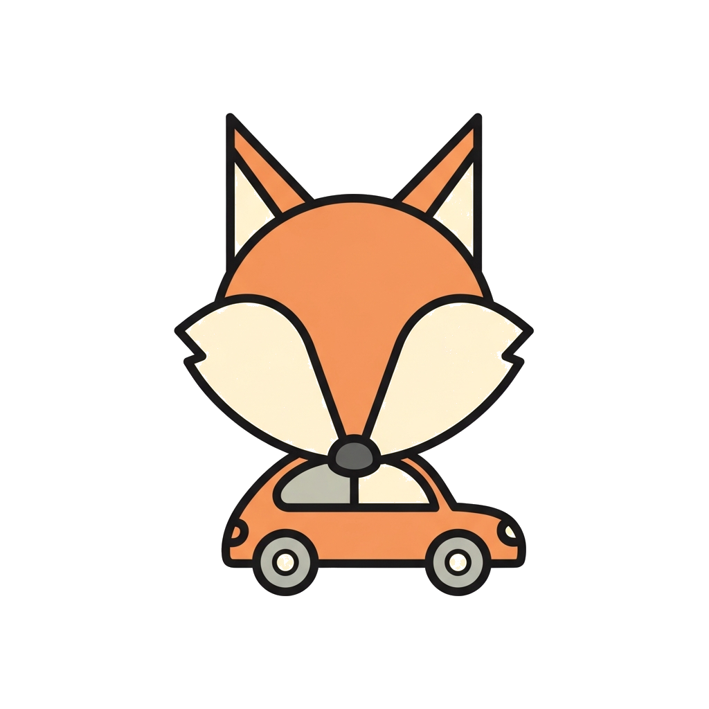 Custom design: A clean, minimalist illustration of a friendly fox's head made from simple geometric shapes, with a stylized toy car ...