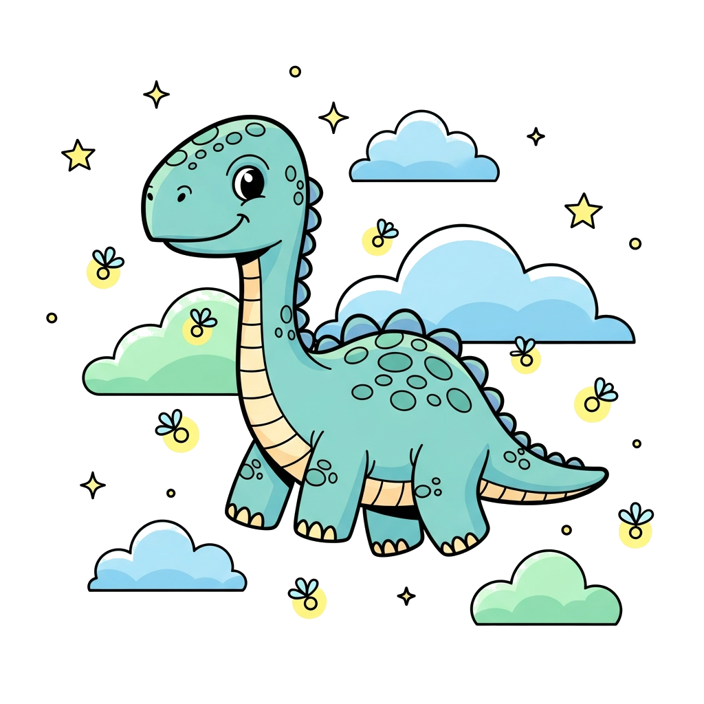 Custom design: A whimsical baby dinosaur, like a Brontosaurus, with a friendly expression, floating among soft clouds and stars in s...