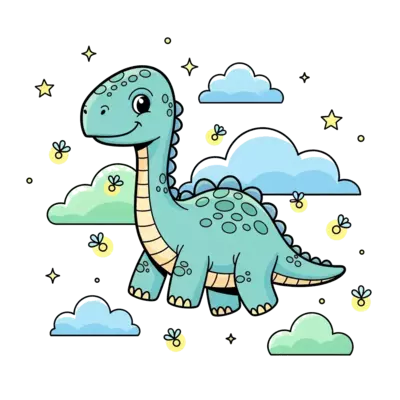 Design: A whimsical baby dinosaur, like a Brontosaurus, with a friendly expression, f...